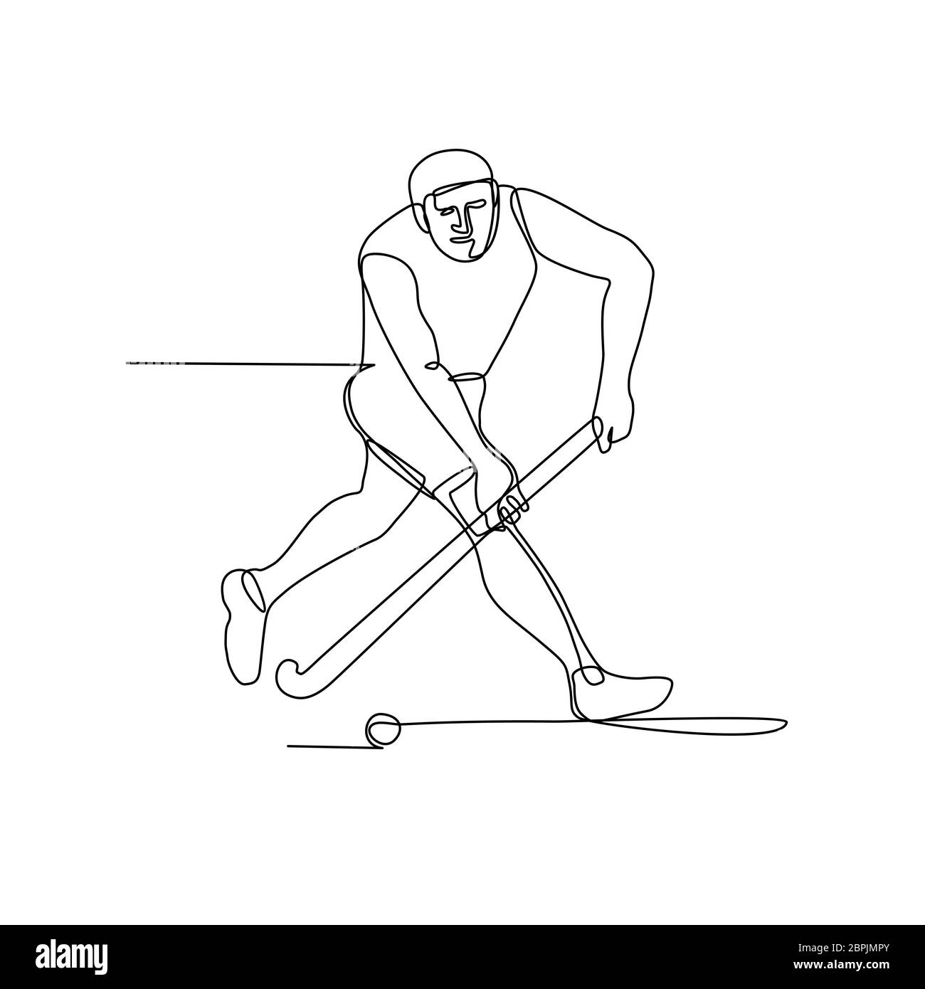Linea continua illustrazione del campo di un giocatore di hockey con la mazza da hockey in esecuzione su per colpire la sfera fatto in bianco e nero in stile monolinea. Foto Stock