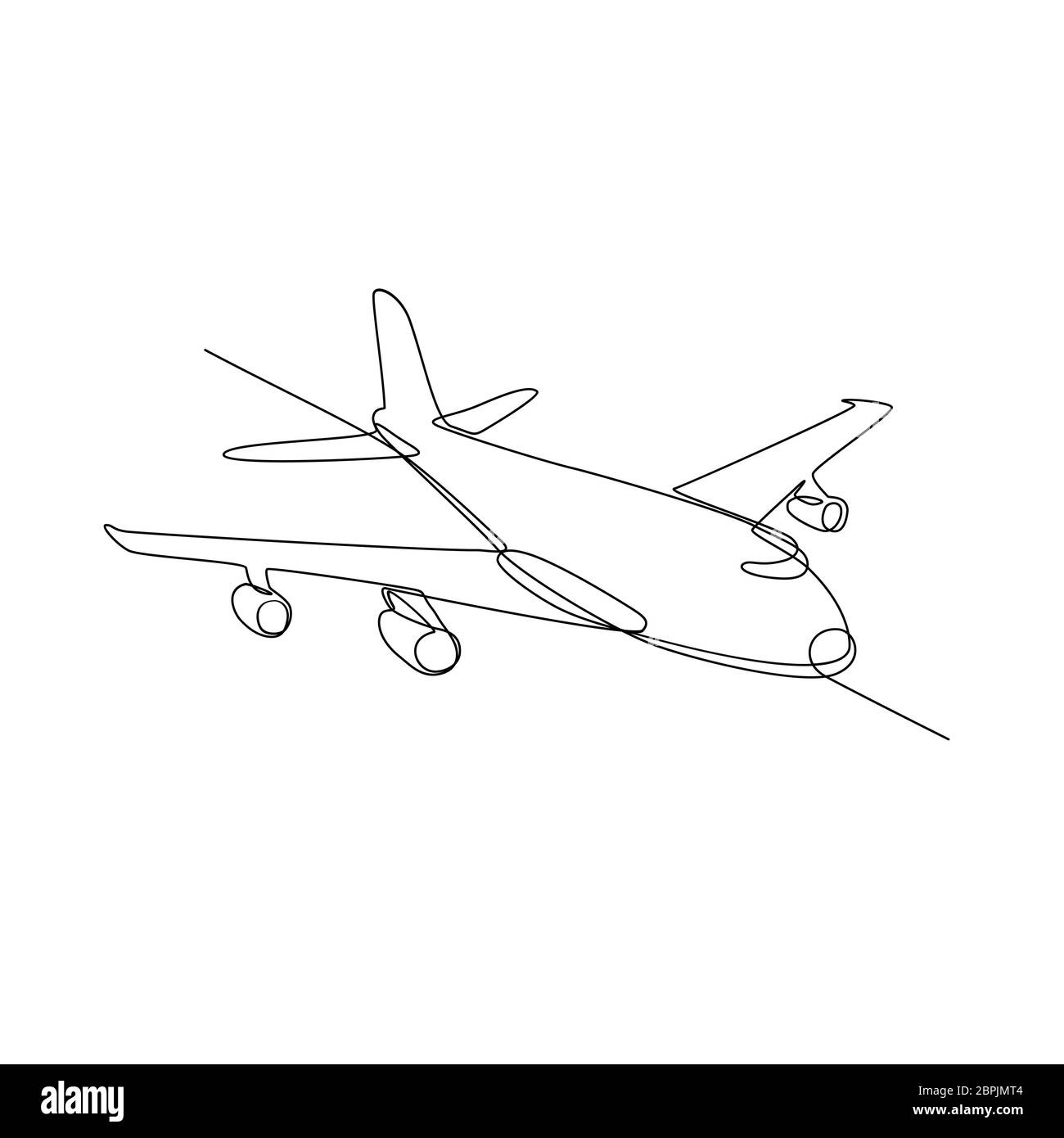 Linea continua illustrazione dei jumbo jet piano passeggero aereo di linea o aereo in volo in pieno volo a mezz aria fatto in bianco e nero in stile monolinea Foto Stock
