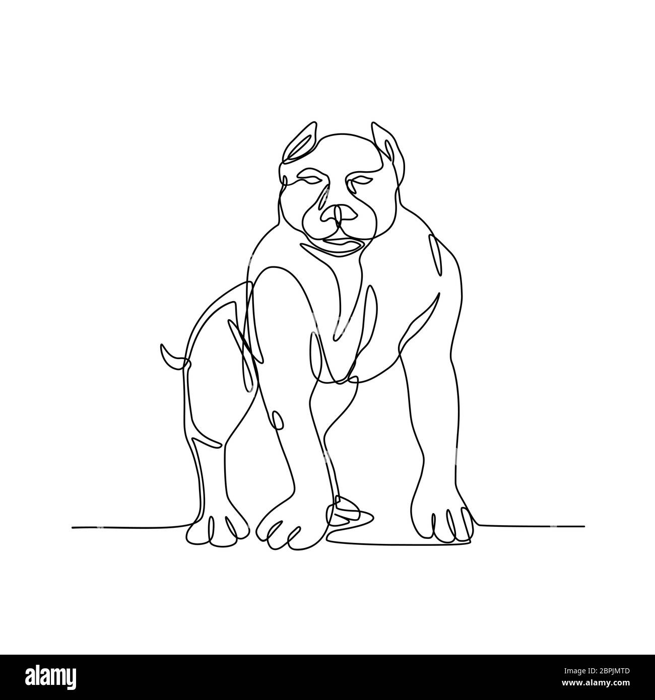 Linea continua illustrazione di un American Bully, pit bull, un tipo di cane discende da Bulldog e Terrier fatto in bianco e nero sty monolinea Foto Stock