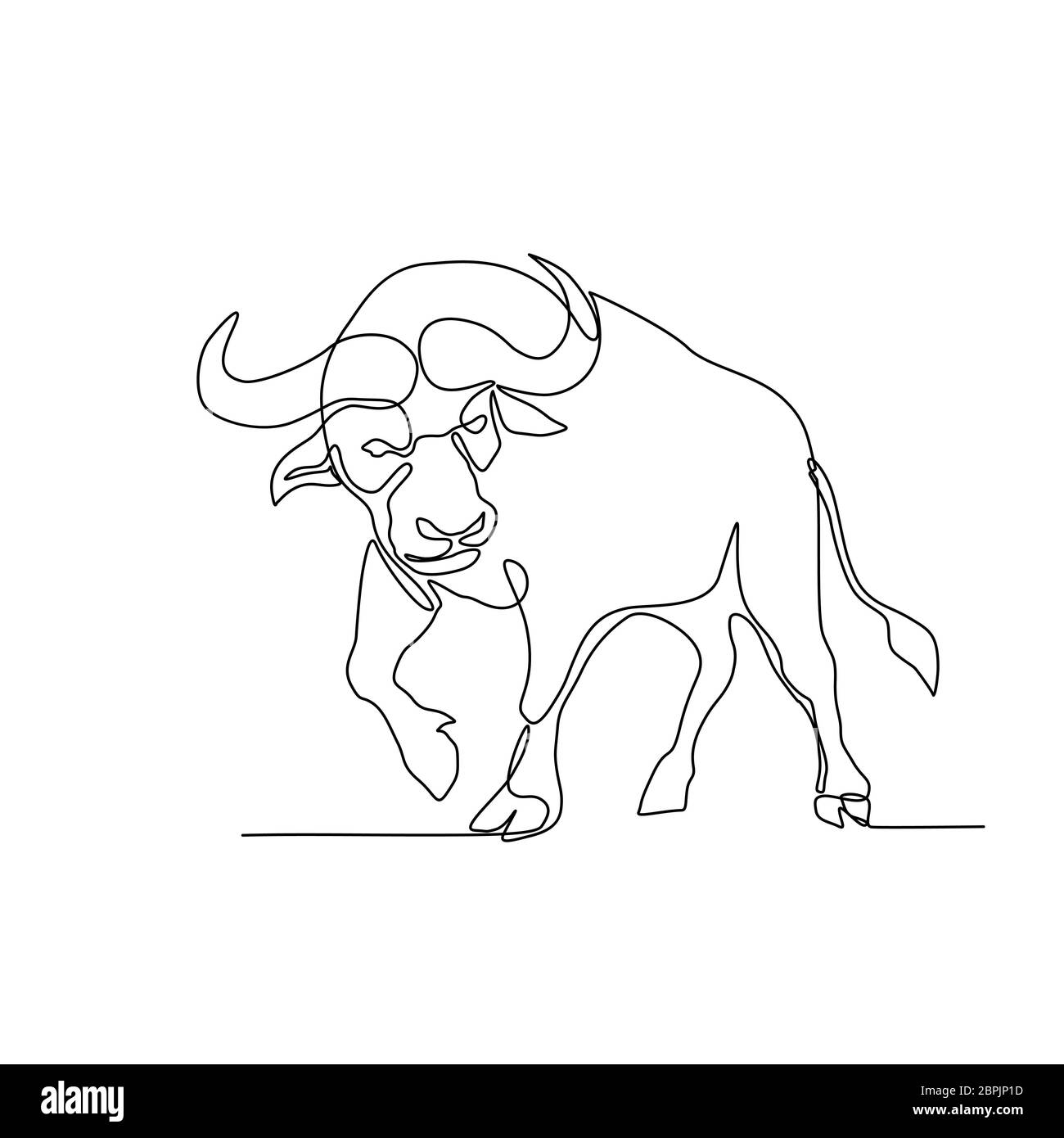 Linea continua illustrazione di un bufalo africano o bufalo del capo, una grande bovini africani, circa per caricare o attacco fatto in bianco e nero monolinea Foto Stock