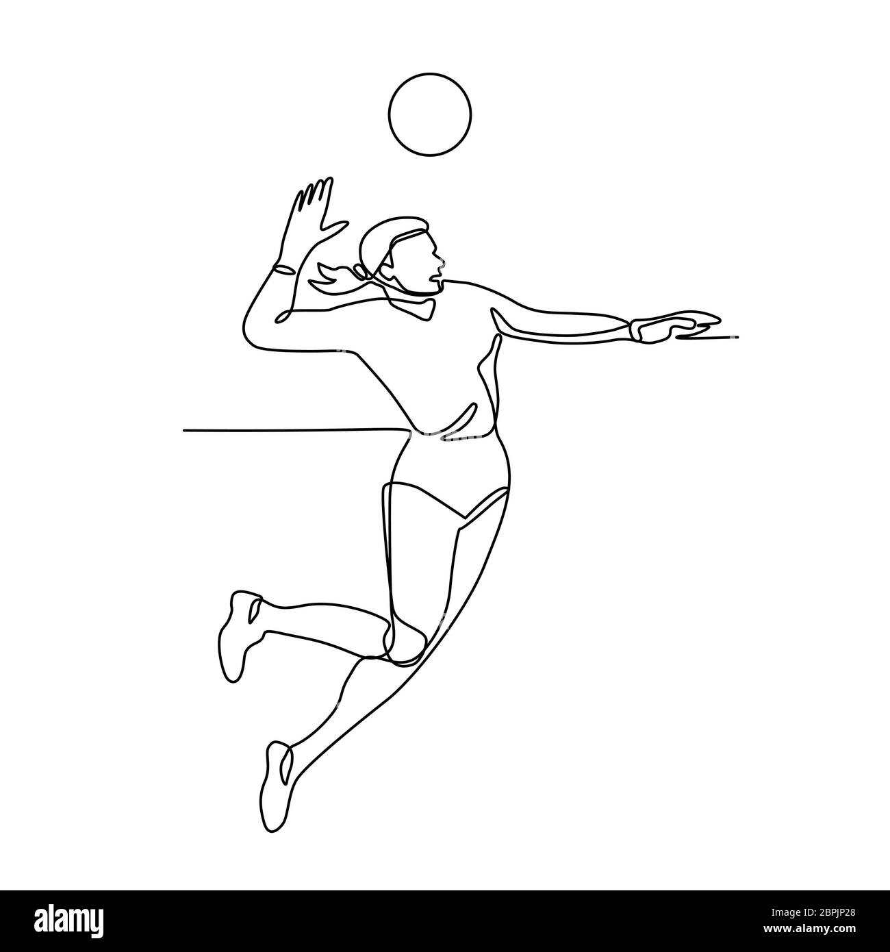 Linea continua illustrazione del giocatore di volleyball femminile di salto e spiking la palla visto dal lato fatto in bianco e nero in stile monolinea. Foto Stock