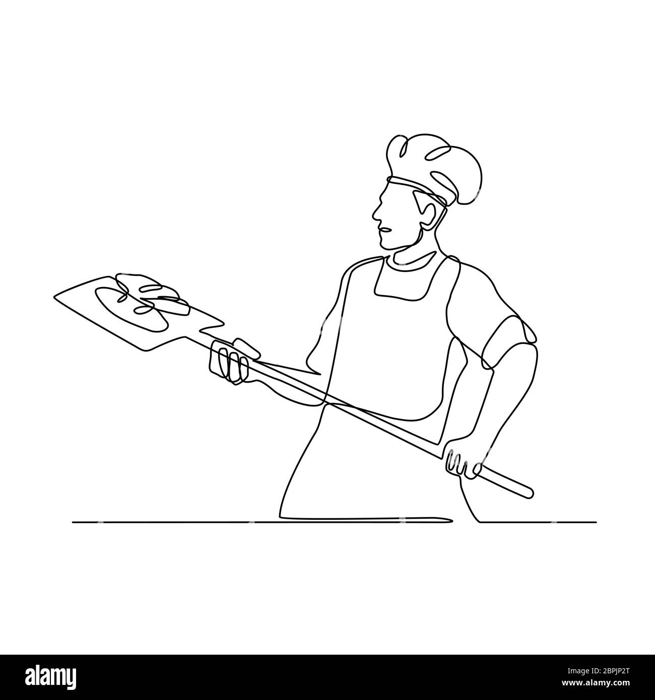 Linea continua illustrazione di un fornaio tenendo un forno pelare visto dal lato fatto in bianco e nero in stile monolinea. Foto Stock