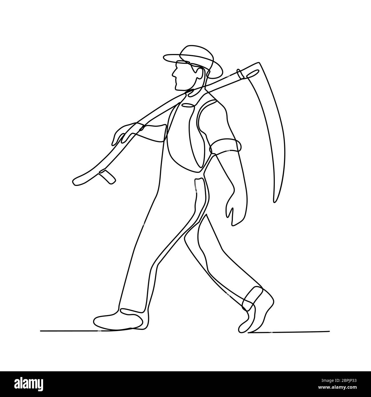 Linea continua illustrazione di un agricoltore biologico che porta a piedi una falce visto dal lato fatto in bianco e nero in stile monolinea. Foto Stock