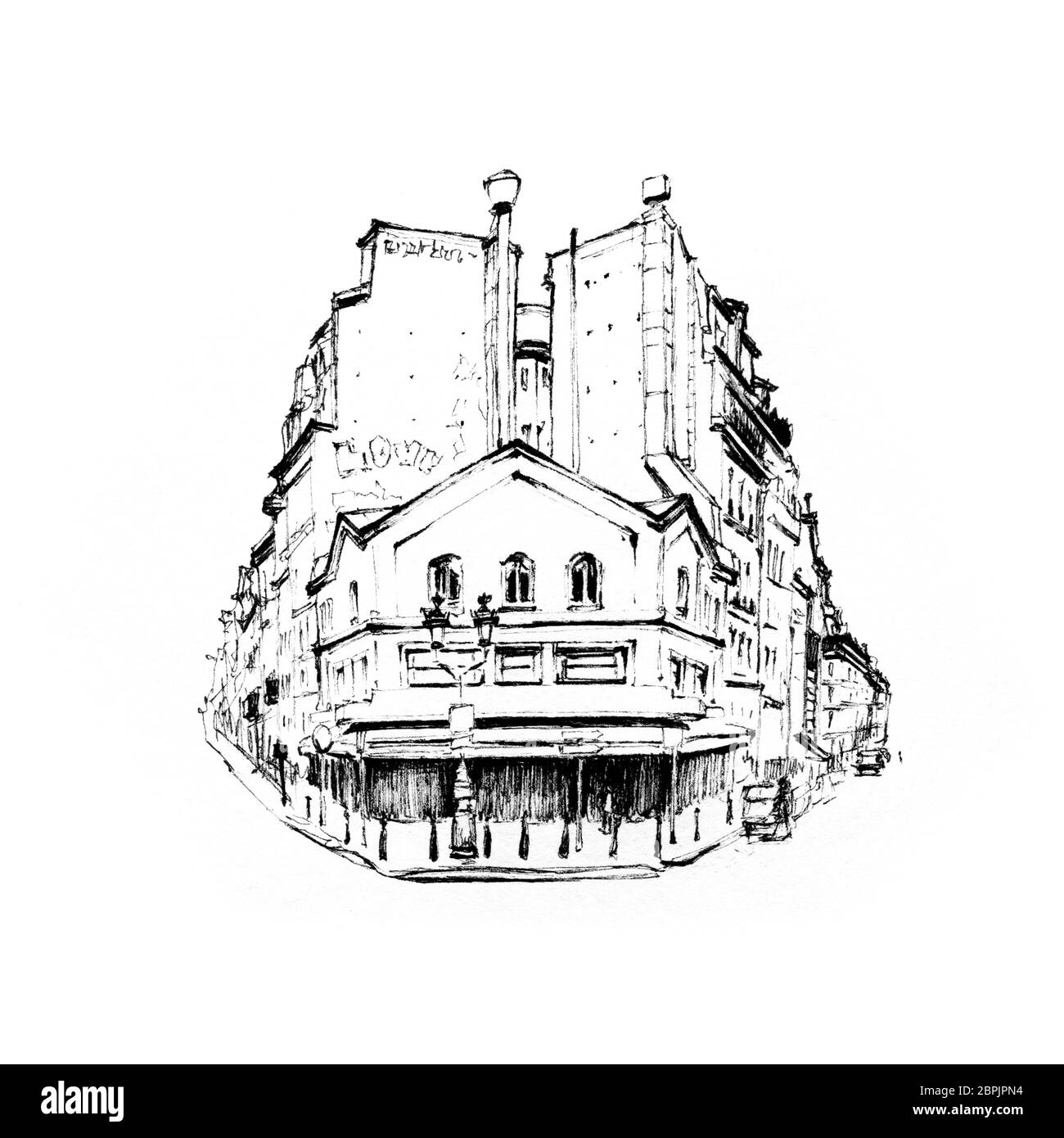 Schizzo bianco e nero di casa tipica parisain con caffè e lanterne, Parigi, Francia. Foto Stock