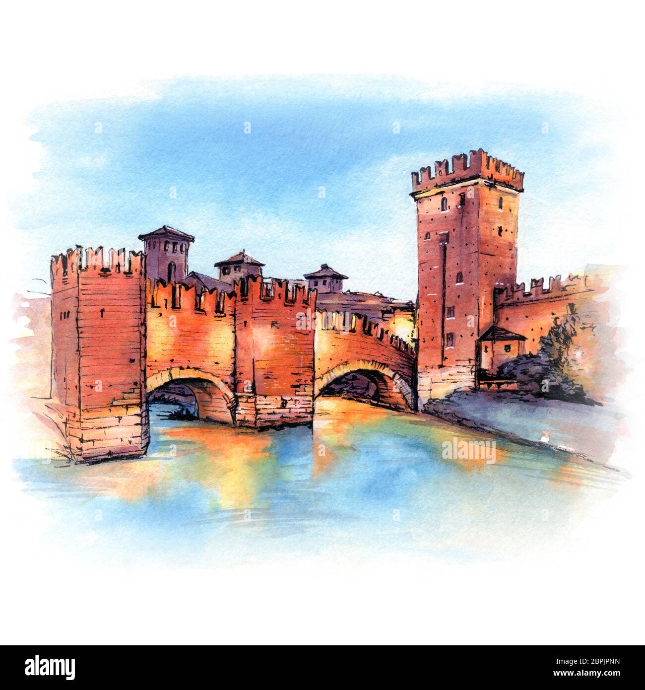 La pietra medievale Ponte Scaligero e torre di Castelvecchio di notte, Verona, Italia settentrionale. Foto Stock