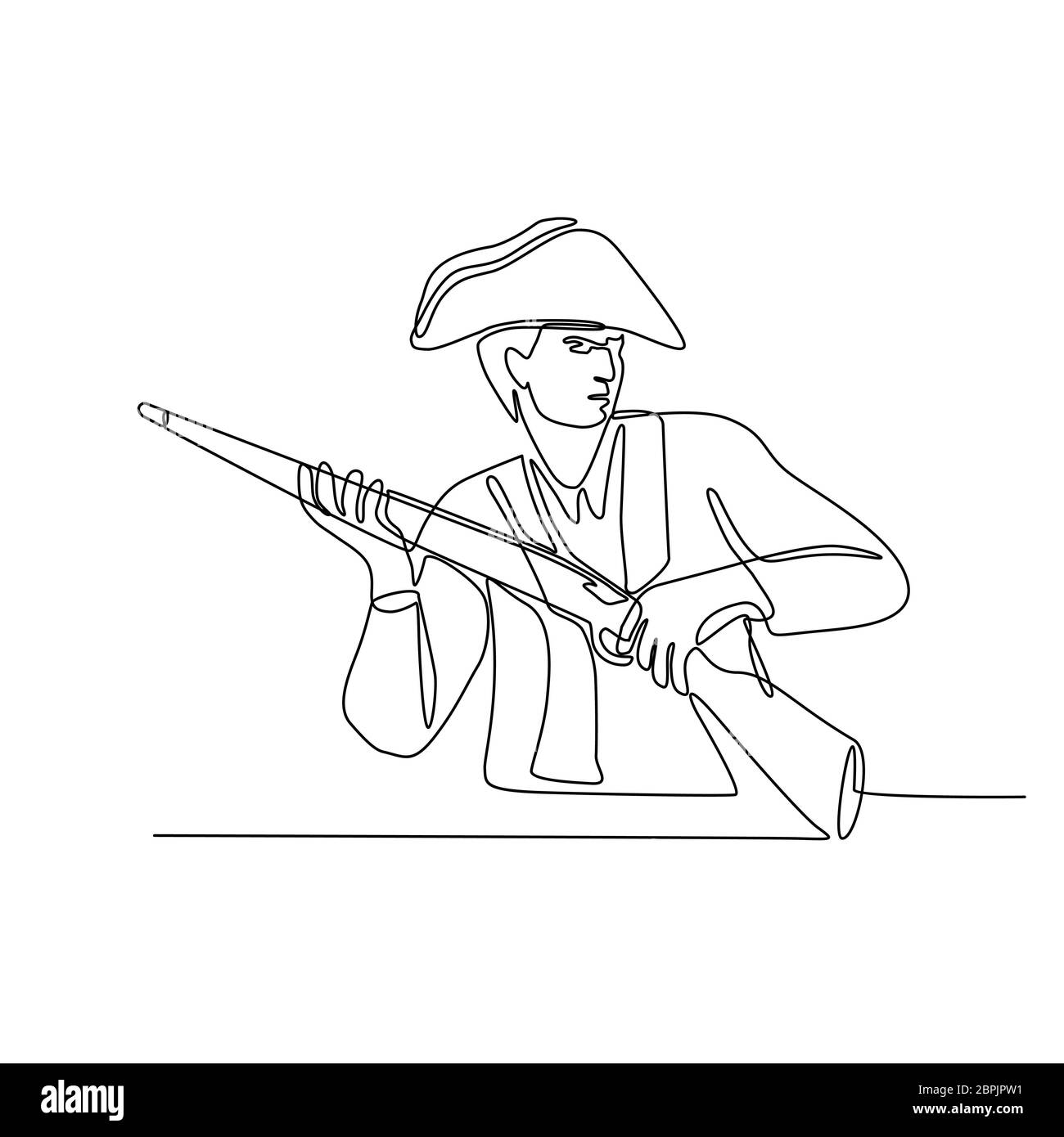 Linea continua illustrazione di un americano minuteman, patriota o soldato rivoluzionario con moschetto fucile, una volata caricato a pistola a lungo fatto in bianco e nero e Foto Stock
