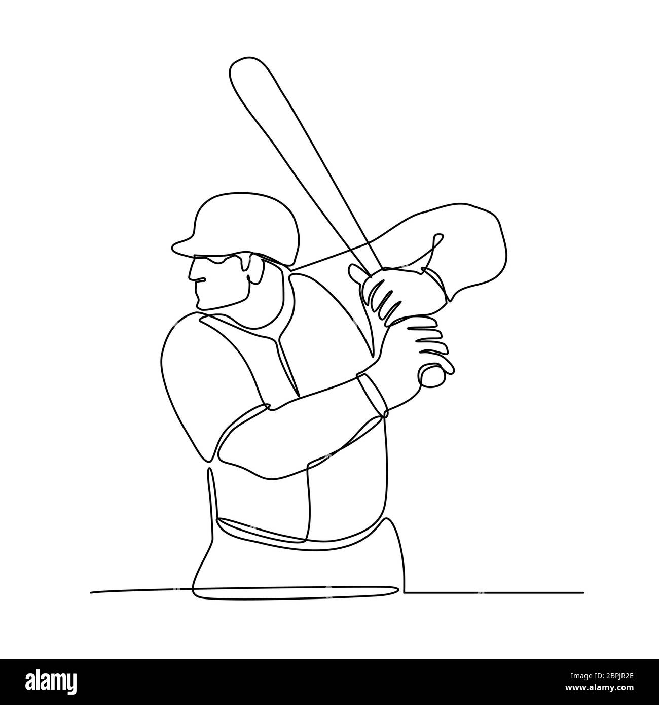 Linea continua illustrazione di un giocatore di baseball con bat batting visto dal lato fatto in bianco e nero in stile monolinea. Foto Stock