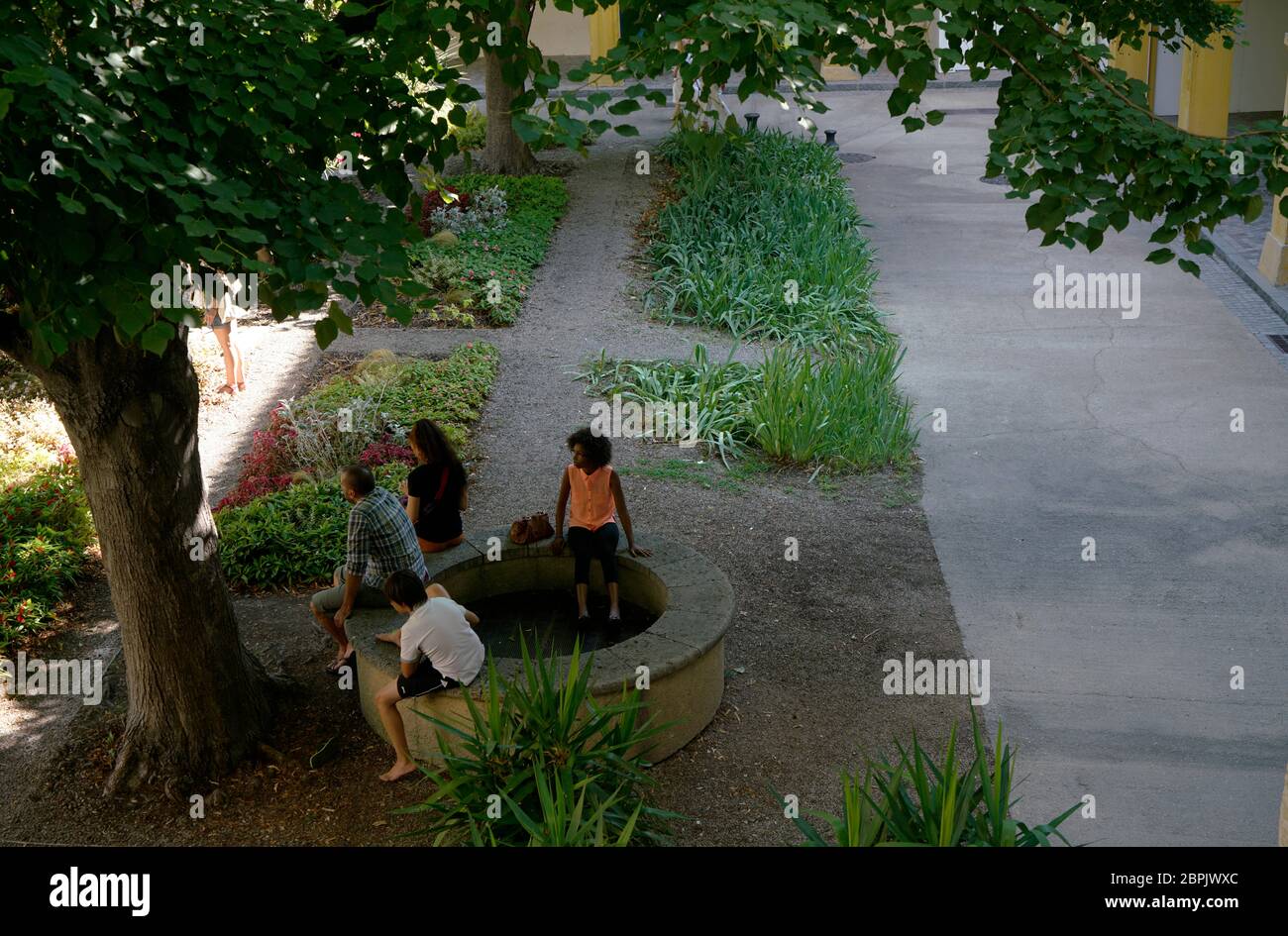 Visitatori dal pozzo di Giardini l'Espace Van Gogh centro culturale.l'ex ospedale di Arles.Bouches-du-Rhone.Provence-Alpes-Cote d'Azur.France Foto Stock