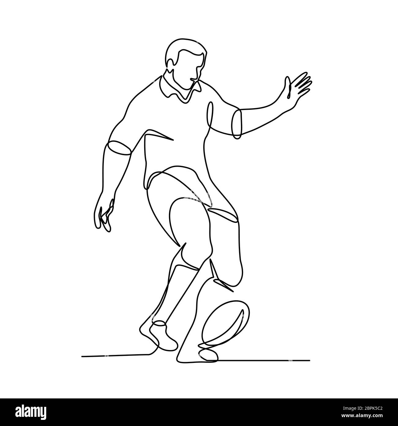 Linea continua illustrazione di un giocatore di rugby calciare il pallone per un field goal o kick-off fatto in bianco e nero in stile monolinea. Foto Stock