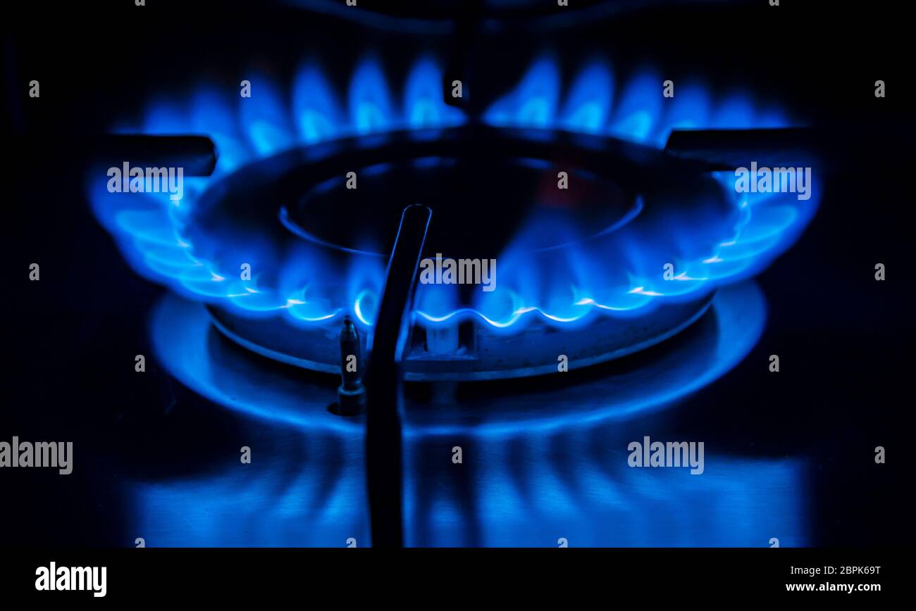 Fiamma blu della stufa in cucina. Gas e il concetto di energia. Foto Stock