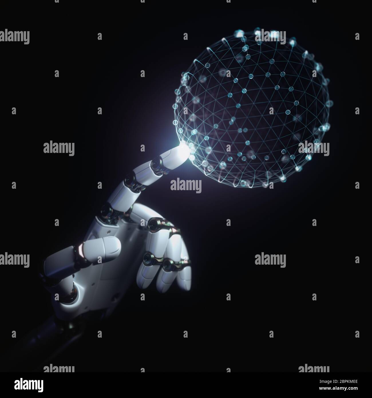 Mano robotica di toccare con un dito olografiche in 3D concetto sfera della tecnologia e della scienza. Foto Stock