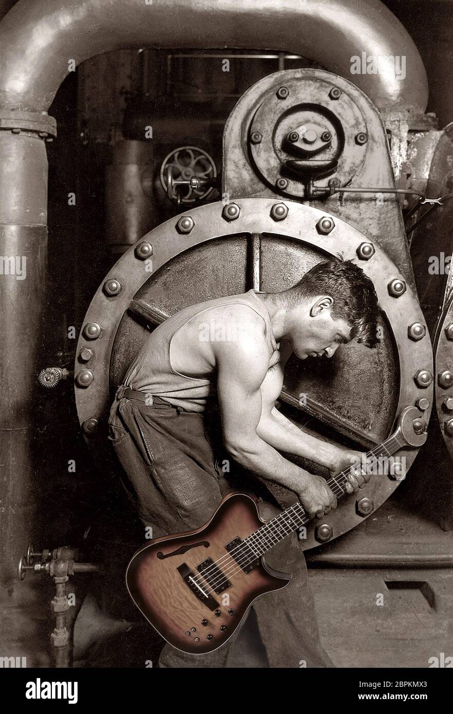 Immagine composita di chitarra elettrica e Power House Mechanic che lavora con una chiave per chitarra. 1920 immagine di Lewis W Hine. Foto Stock