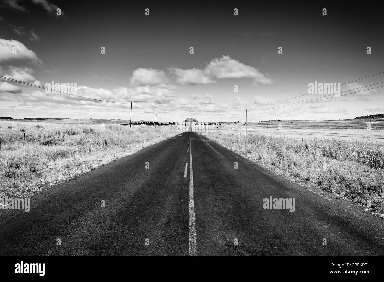 Strada in prospettiva da Orange Free State. Sulla strada di Karoo, Sud Africa. Paesaggio africano. Sfondo di viaggio. Immagine alterata digitalmente Foto Stock