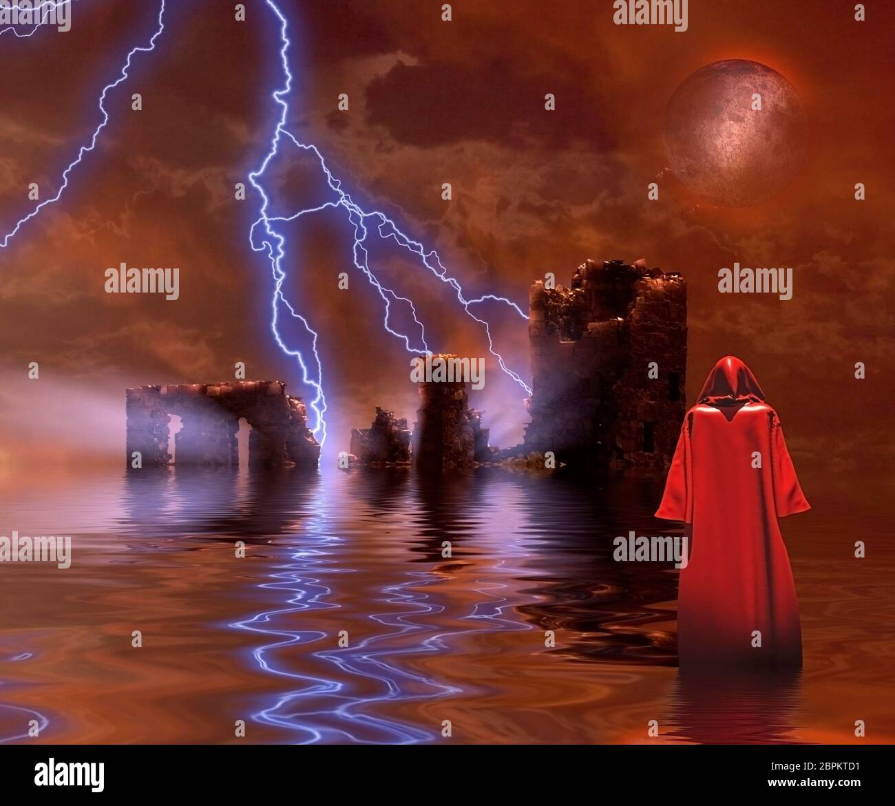 Monaco nel mantello rosso. Tempio in rovina. Foto Stock