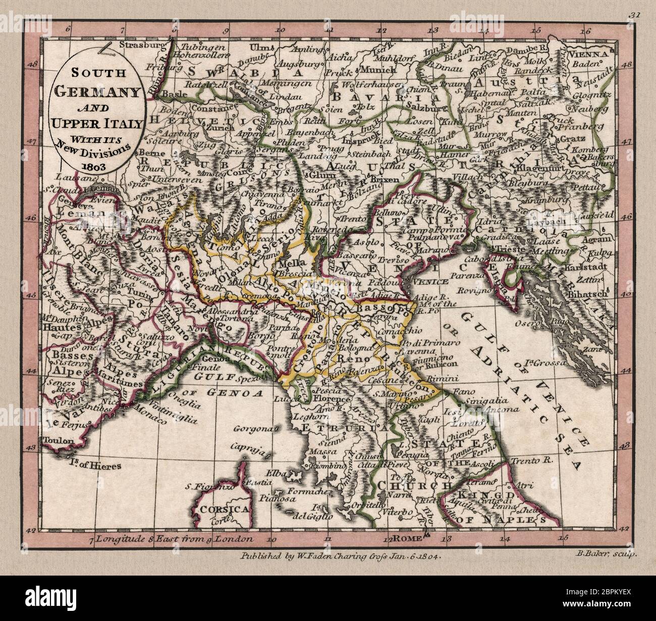 "La Germania e l'Italia superiore con le sue nuove divisioni, 1803." La mappa mostra divisioni geografiche intorno al 1803, questa è una riproduzione mappa storica splendidamente dettagliata. Originale da un atlante britannico pubblicato dal famoso cartografo William Faden. Foto Stock