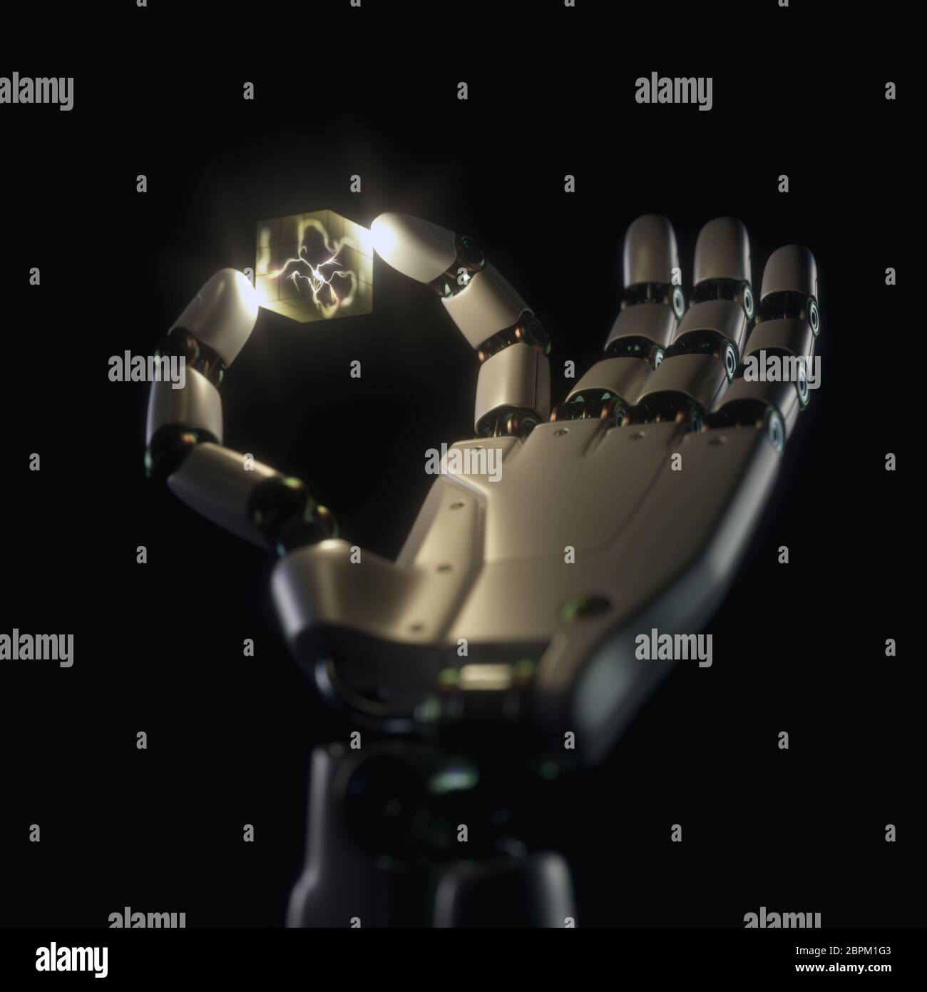 Mano robotica tenendo un cubo con un neurone artificiale all'interno. Concetto di evoluzione della protesi di cibernetica e di intelligenza artificiale. Foto Stock