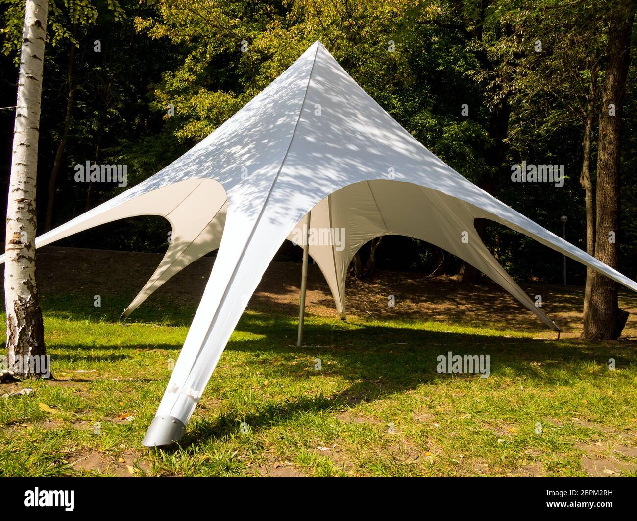 Rapidamente eretto tenda in tessuto in una radura di foresta Foto Stock
