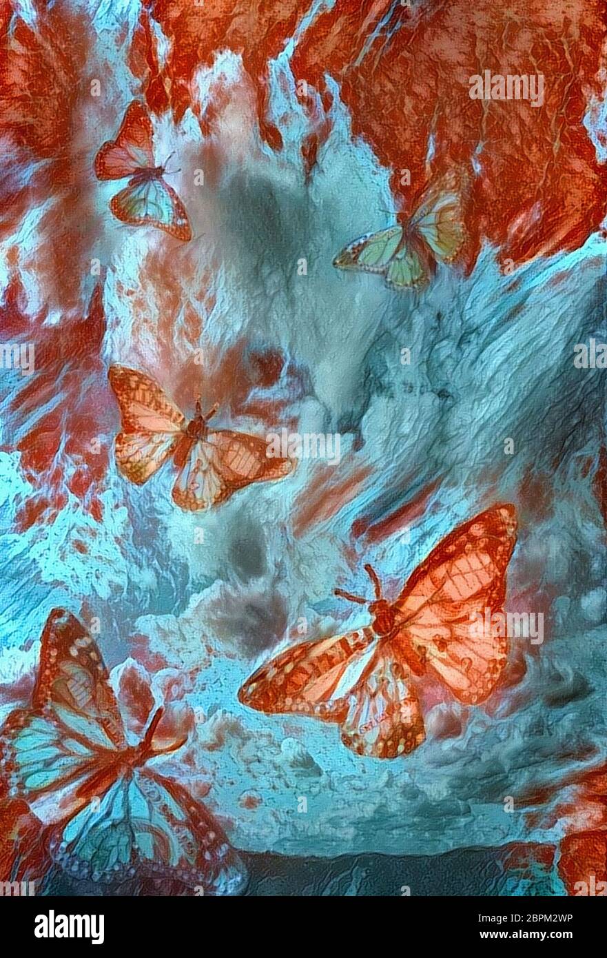Una pittura astratta con bellissime farfalle Foto Stock