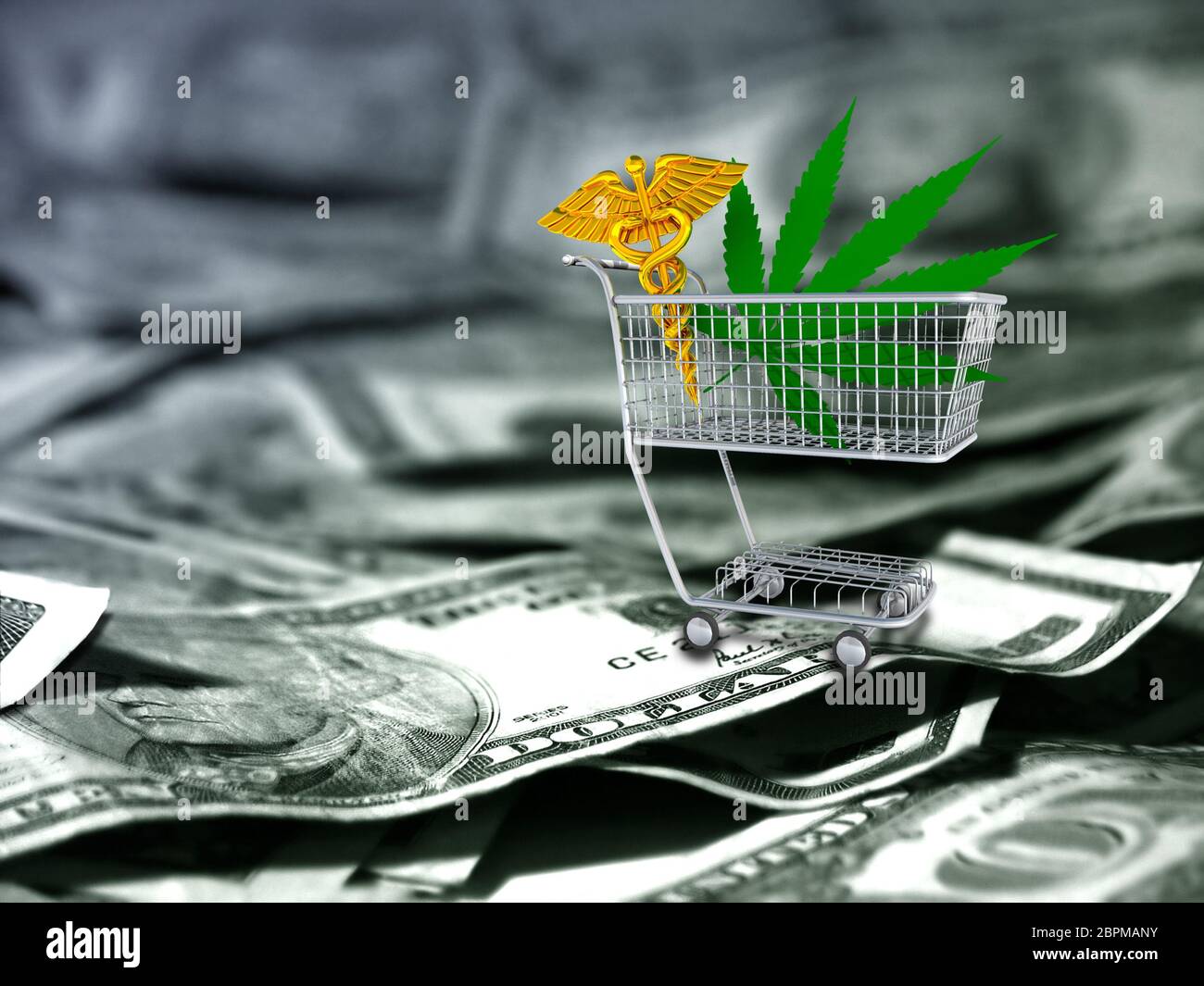 Foglia di marijuana e il caduceo in un carrello. Dollari USA. Foto Stock