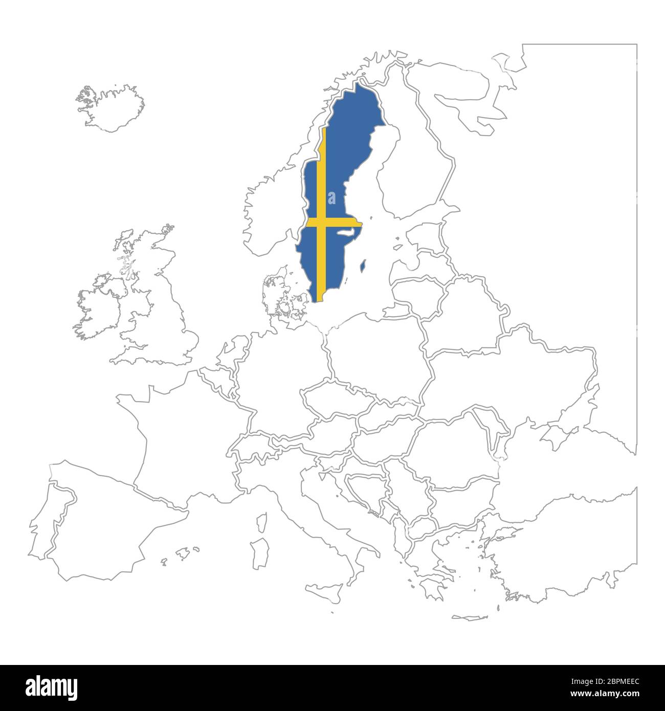 Silhouette svedese dettagliata con bandiera nazionale sulla mappa di contorno europa su bianco Illustrazione Vettoriale
