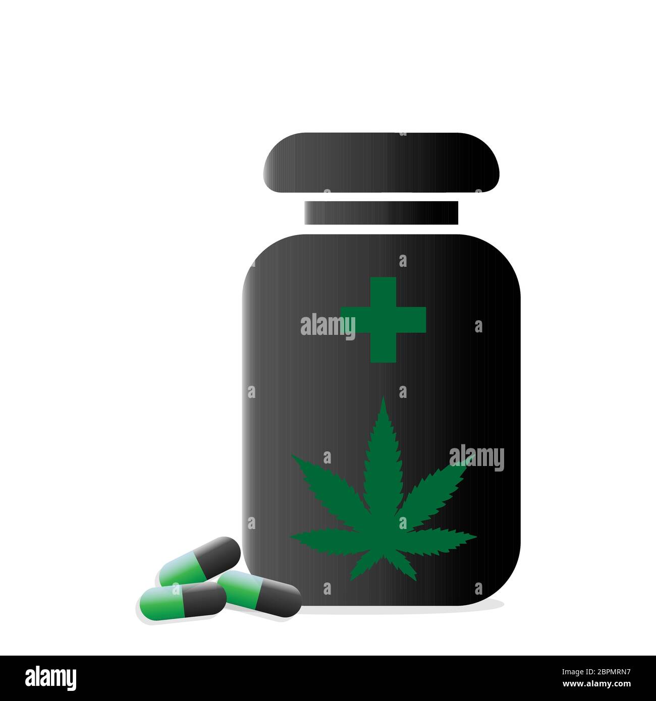 Pillole di marijuana nera bottiglia su uno sfondo bianco. Logo icona di concetto medico e sanitario per i prodotti CBD. Illustrazione Vettoriale