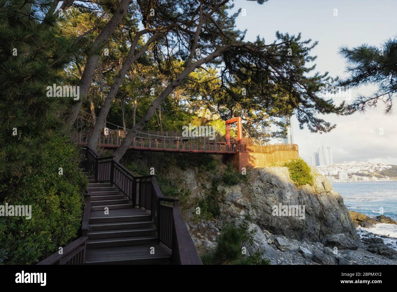 un piccolo passaggio pedonale lungo la costa dell'isola di dongbaekseom. L'isola è un famoso punto di riferimento a Busan, vicino alla spiaggia di Haeundae. Busan, Corea del Sud Foto Stock