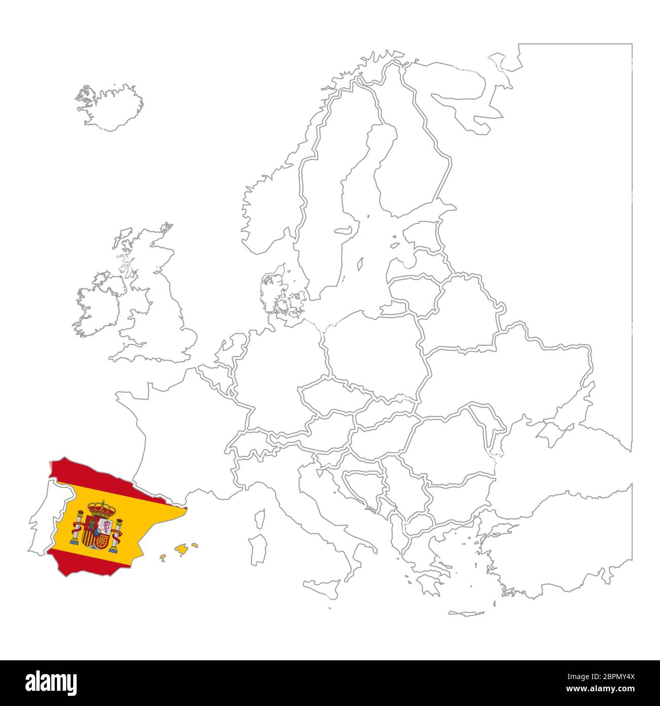 Silhouette dettagliata della Spagna con bandiera nazionale sulla mappa di contorno europa su bianco Illustrazione Vettoriale