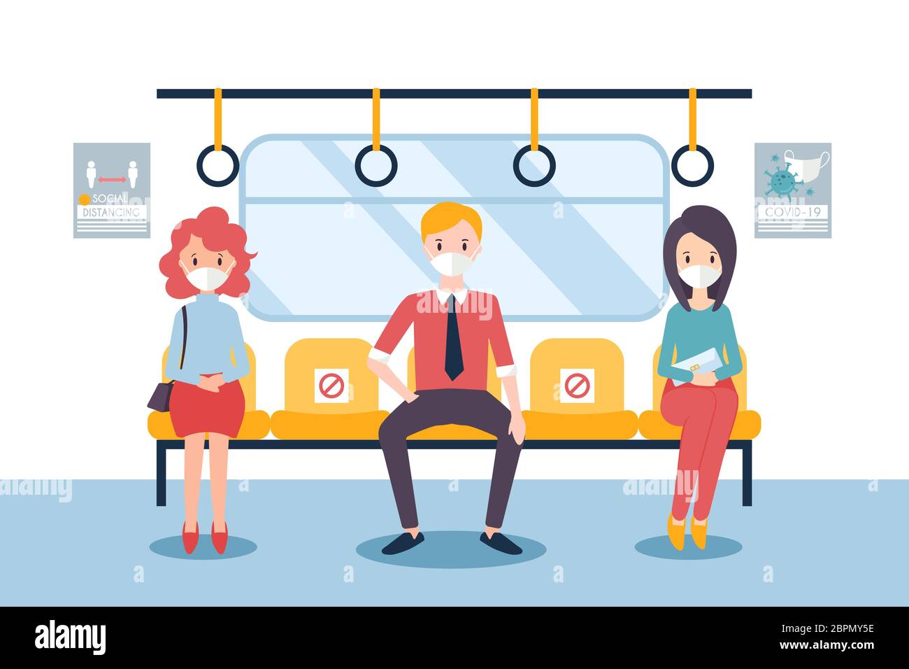 Concetto di allontanamento sociale per covid-19 con persone in treno Illustrazione Vettoriale