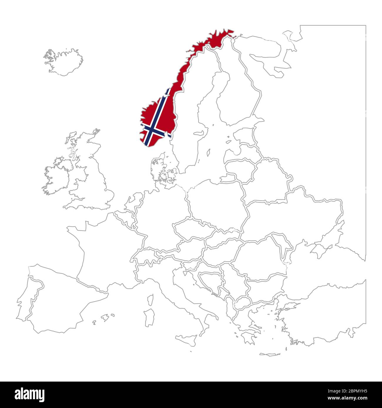 Silhouette norvegese dettagliata con bandiera nazionale sulla mappa di contorno europa su bianco Illustrazione Vettoriale