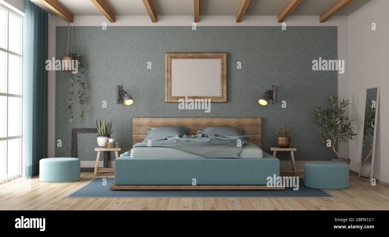 Blue master camera da letto in stile retrò con legno letto matrimoniale - 3d rendering Foto Stock