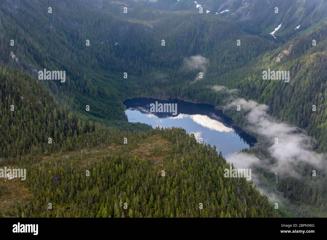 Lago di montagna con riflessi e nebbie mattutine, Great Bear Rainforest, British Columbia costiera Foto Stock