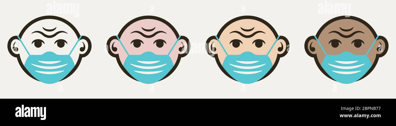 Icona maschera facciale in stile cartone animato con diversi colori della pelle. Illustrazione Vettoriale