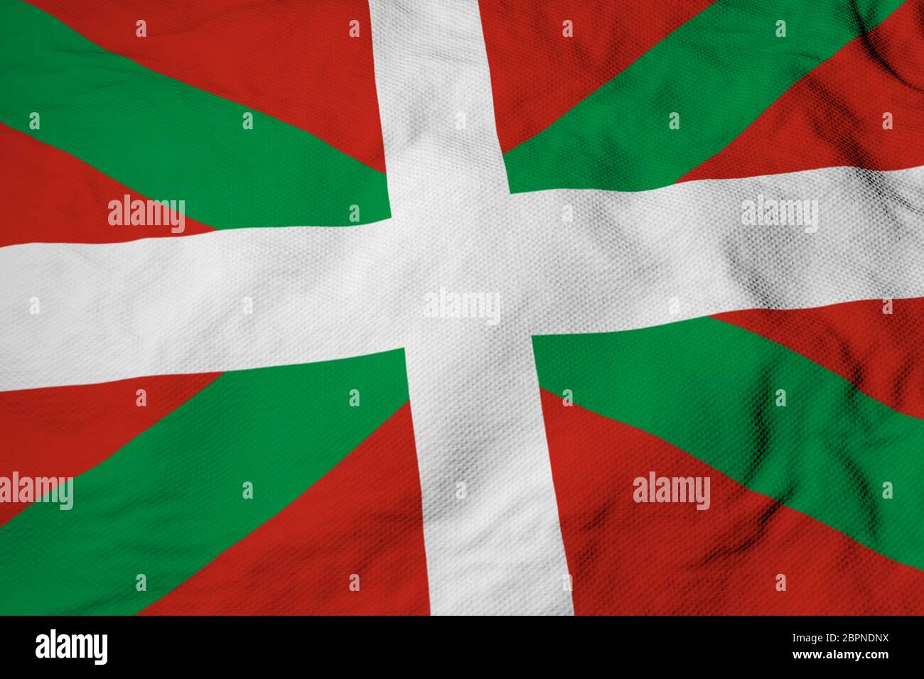 Primo piano su un'onda della bandiera basca (ikurrina) nel rendering 3D. Foto Stock