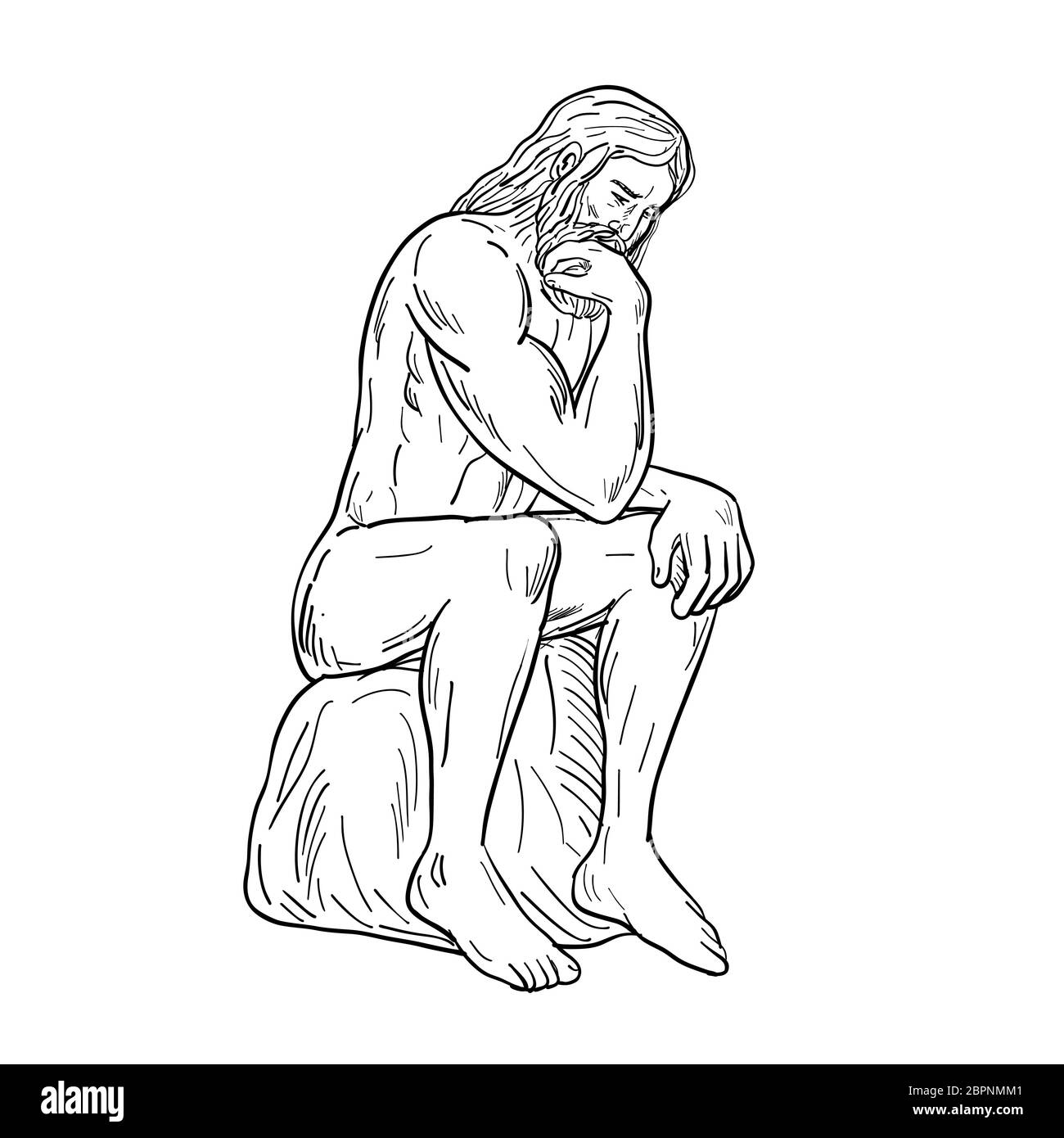 Disegno stile sketch illustrazione di un uomo o di un pensatore con barba folta sedersi pensando isolato su sfondo bianco fatto in bianco e nero. Foto Stock