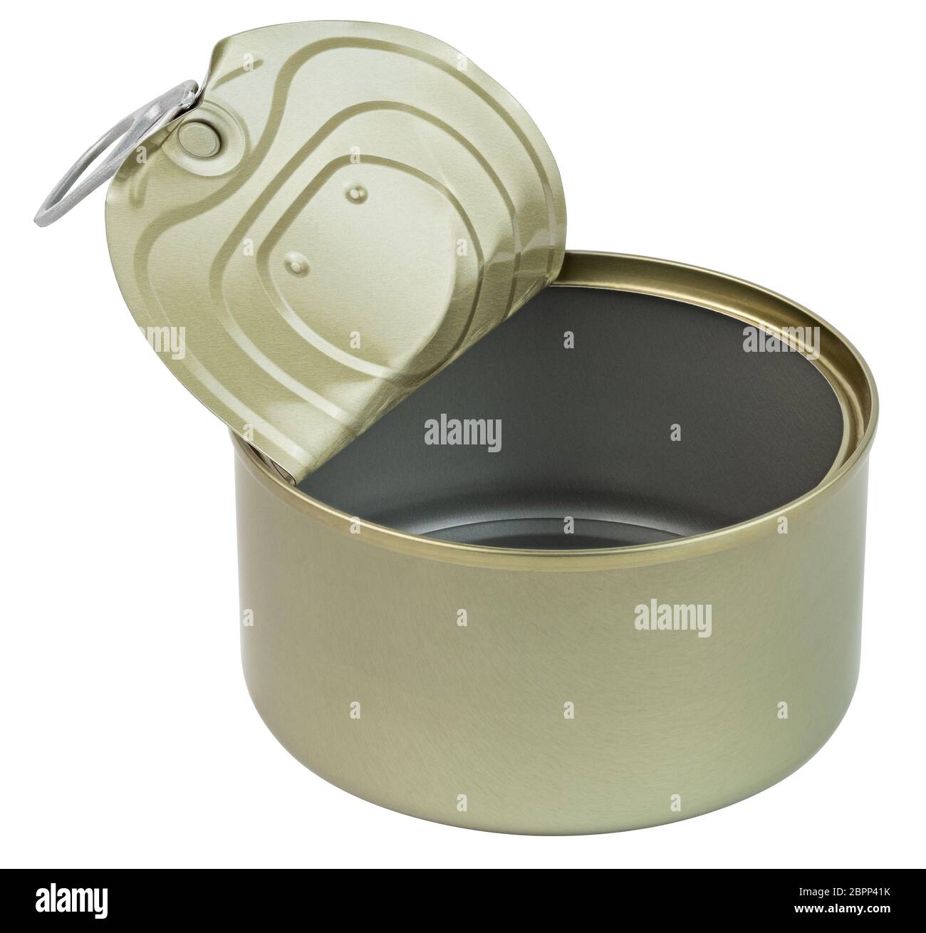 contenitore in stagno pulito aperto con linguetta ad anello, coperchio piegato e vuoto - isolato su bianco Foto Stock