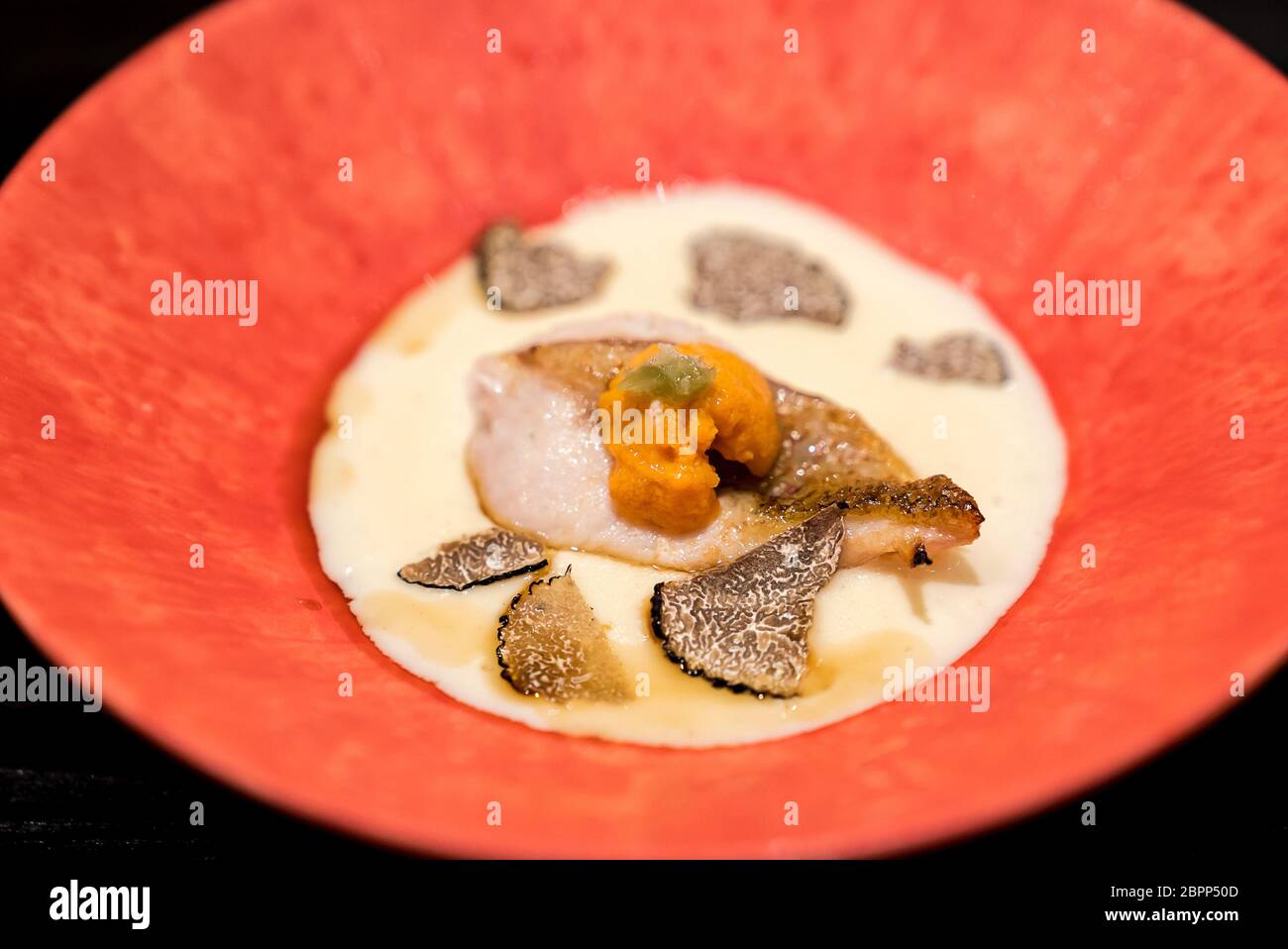 Grigliata di piatto : grigliate di rosy spigola con ricci di mare in tartufo cremoso Foto Stock