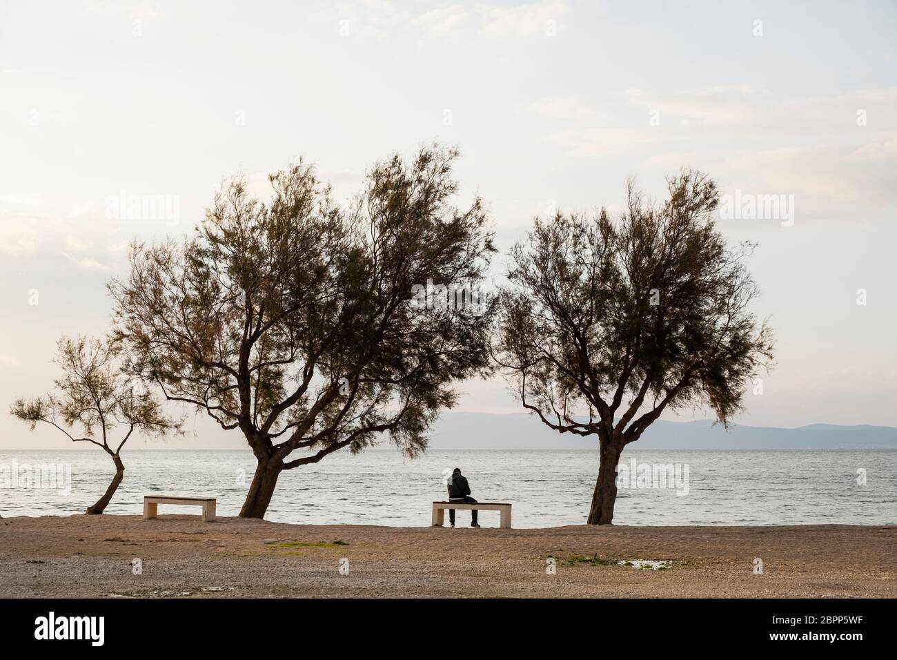 Solo maschio siede su panchina accanto all'oceano, Spalato, Croazia Foto Stock