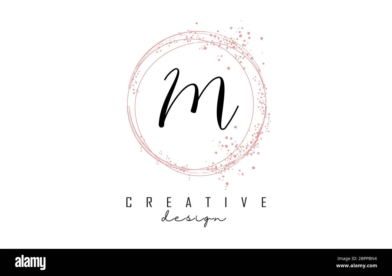 Cerchi scintillanti e cornice glitter rosa polvere per logo scritto a mano con lettera M. Illustrazione vettoriale con forma rotonda e lucente con lettera M. Illustrazione Vettoriale