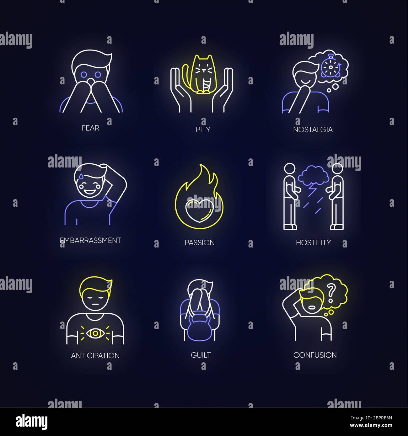 Set di icone al neon Emotion Illustrazione Vettoriale