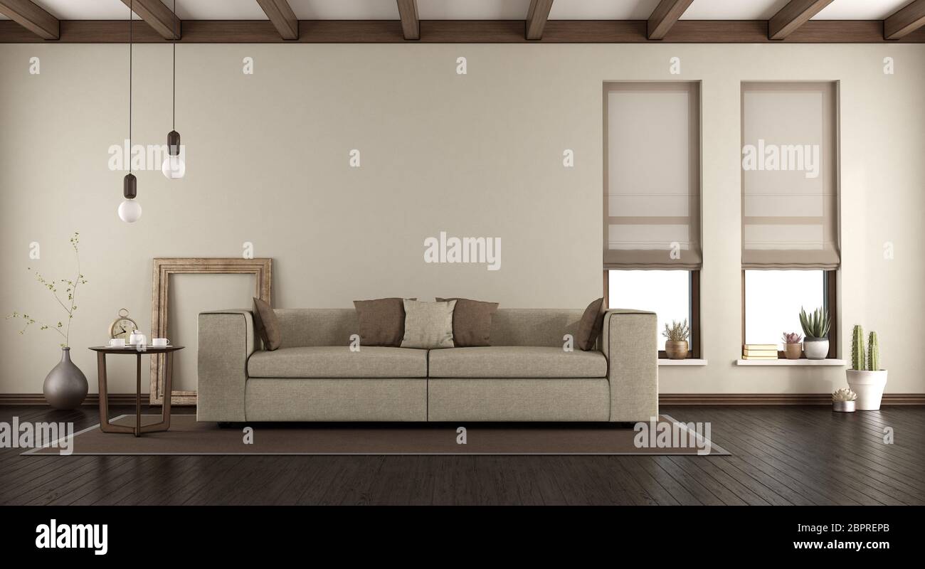 Elegante soggiorno con divano, due finestre verticali e travi di legno sul  soffitto - il rendering 3D Foto stock - Alamy