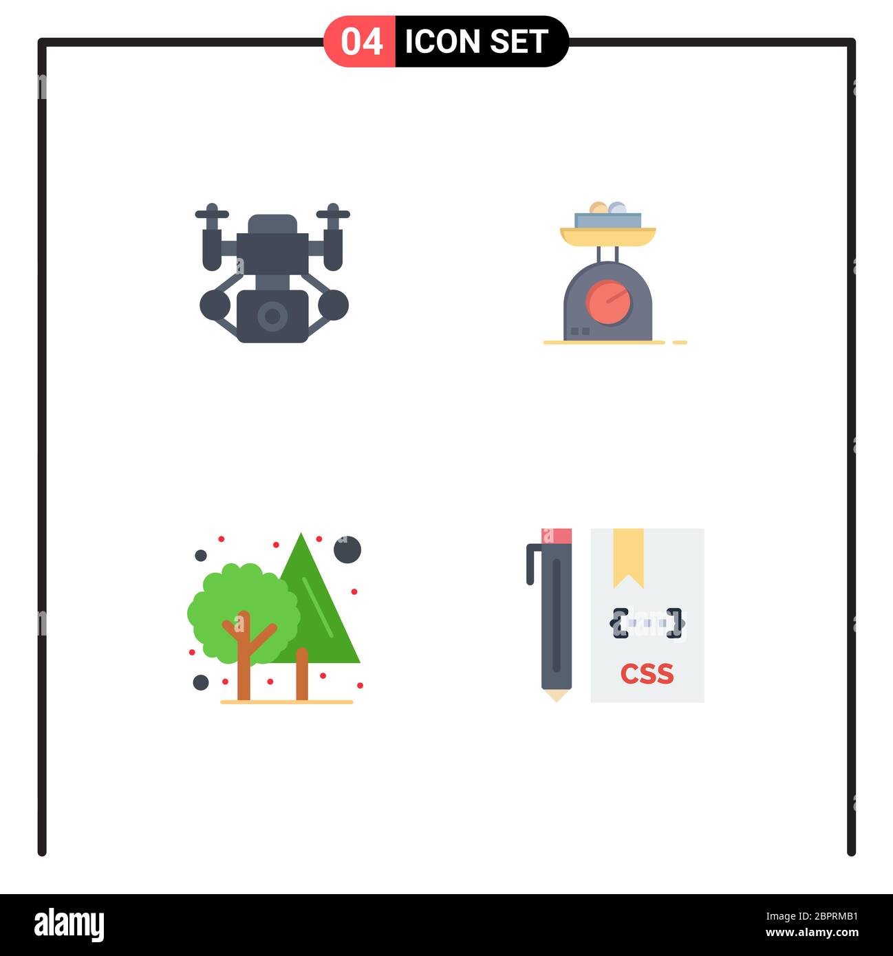 Set di 4 icone piatte vettoriali sulla griglia per azione, struttura, macchina, peso, codice elementi di disegno vettoriale modificabili Illustrazione Vettoriale