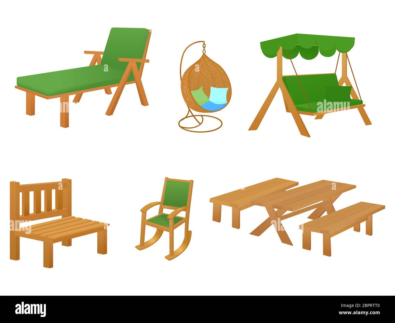 Set di mobili da giardino in cartoni animati. Mobili per una casa di campagna. Illustrazione vettoriale isolata su sfondo bianco Illustrazione Vettoriale