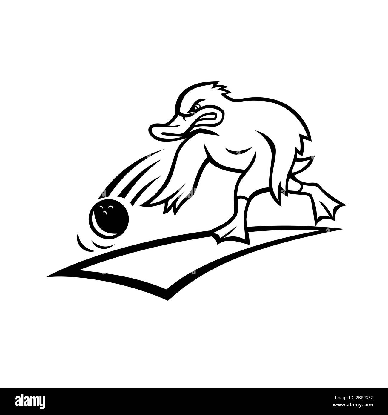 Mascotte Cartoon style illustrazione di un bowler arrabbiati o anatra germano reale facendo rotolare una palla da bowling giù un legno o corsia sintetica visto dal lato su isolato Foto Stock