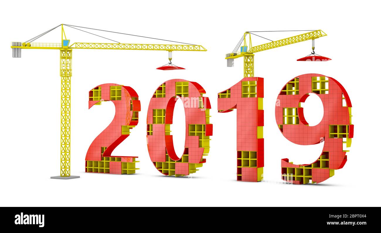 Due gru a torre la costruzione di una figura volumetrica del 2019. 3D render. Foto Stock