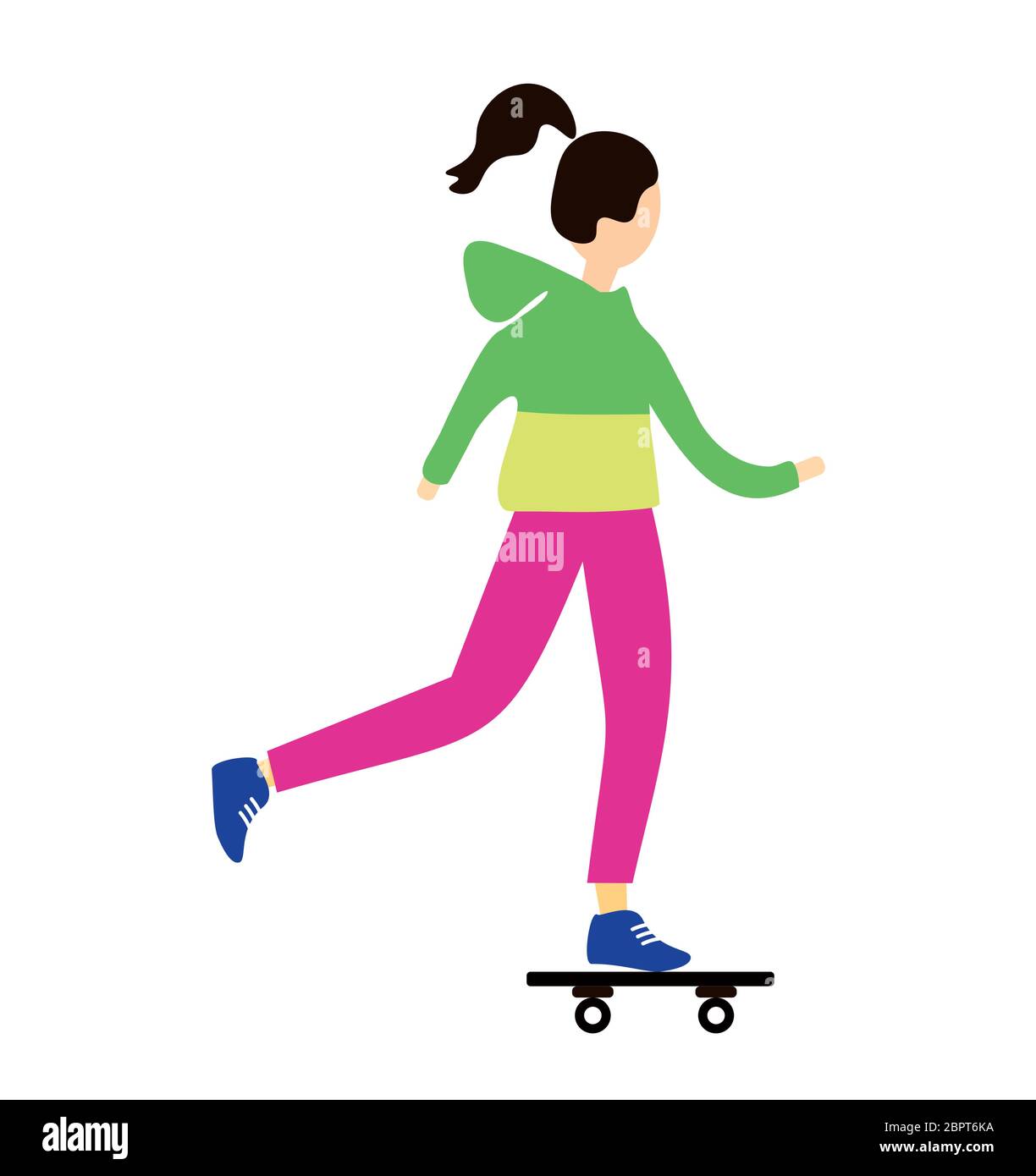 Una ragazza hipster, vestita con abiti sportivi alla moda, pattina su uno skateboard. Carattere femminile isolato su sfondo bianco. Illustrazione Vettoriale