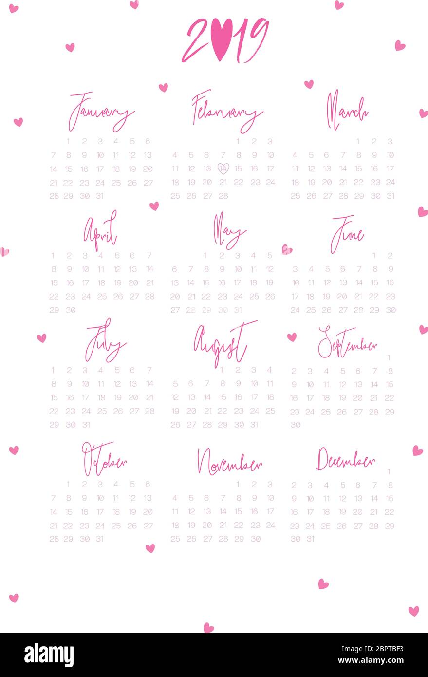 Calendario per il 2019. Sfondo semplice, design rosa. La settimana inizia lunedì. Set di 12 mesi Illustrazione Vettoriale