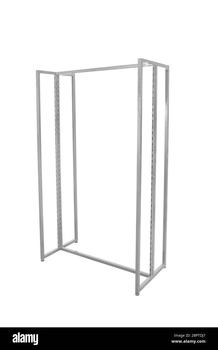 Rack per indumenti grigio isolato su sfondo bianco Foto Stock