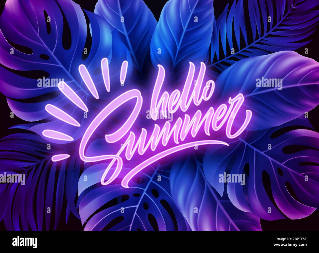 Ciao Estate neon scritta su uno sfondo di esotiche foglie di palma tropicali. Illustrazione vettoriale Illustrazione Vettoriale