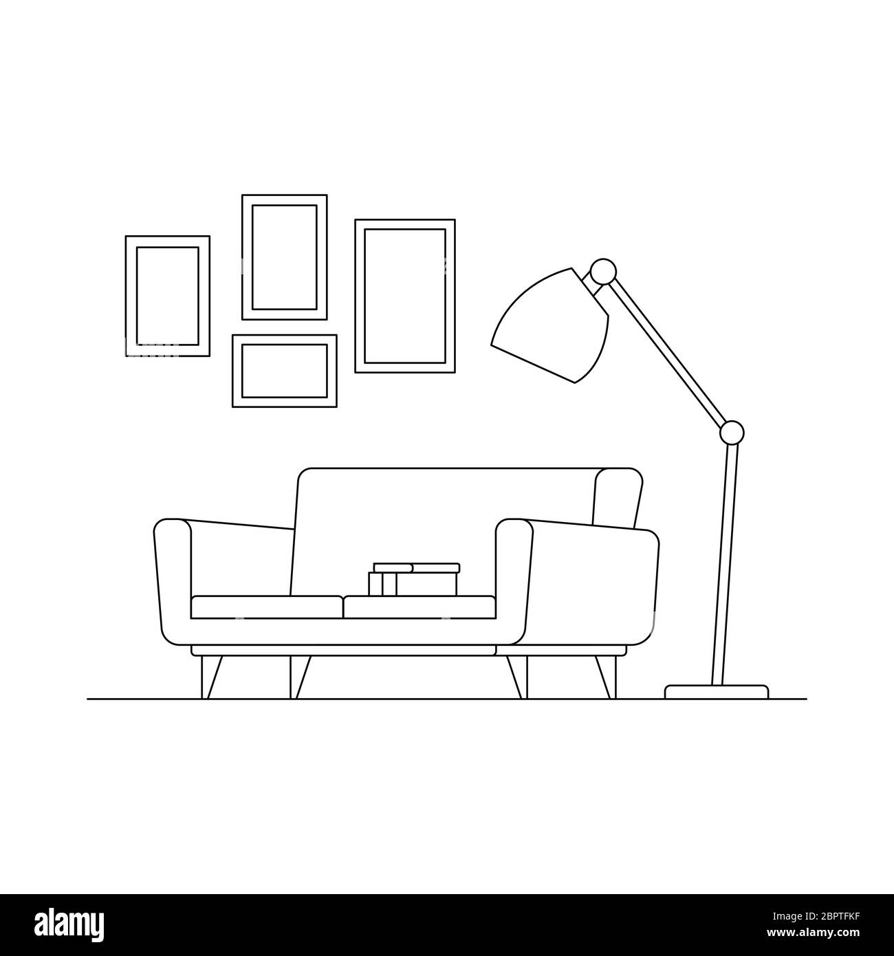 Accogliente scena lineare degli interni. Lampada, divano, libri, immagine isolata su sfondo bianco. Parte di accogliente casa soggiorno interno schizzo sfondo con pelliccia Illustrazione Vettoriale