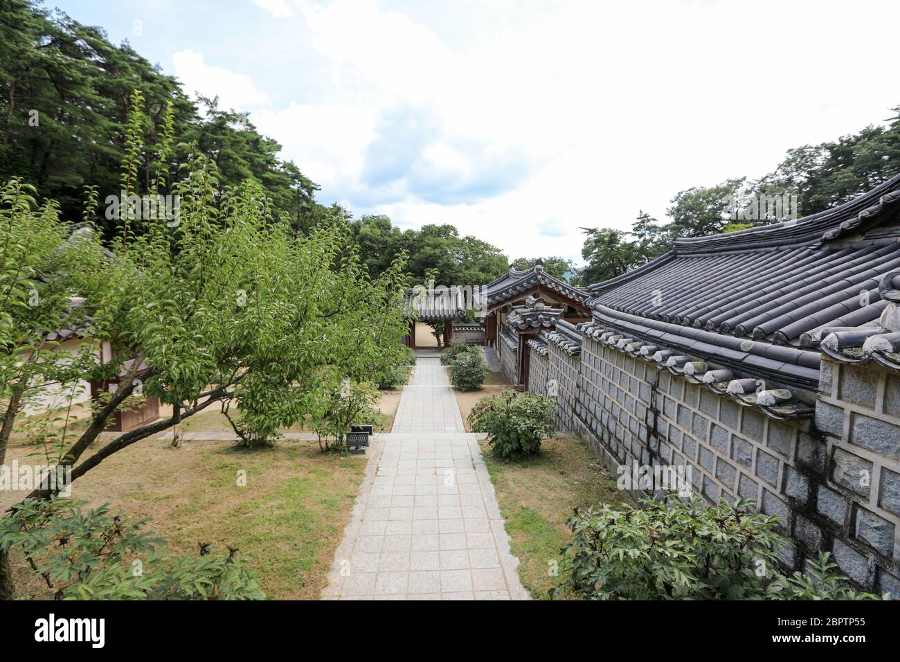 Strada giardino di legno accanto al muro di pietra tradizionale coreano. Foto Stock